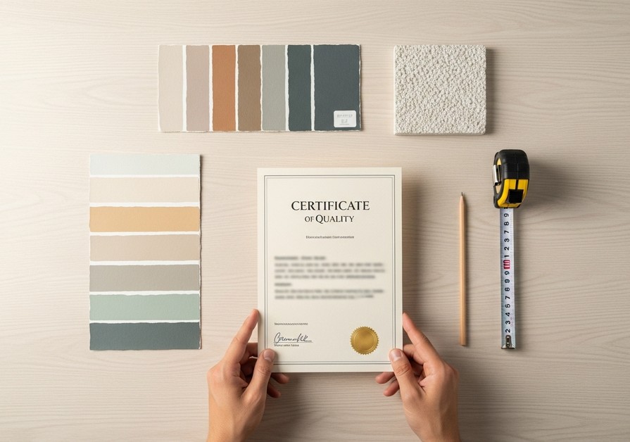 Руки специалиста, изучающего сертификат безопасности на фоне образцов экологичной краски.