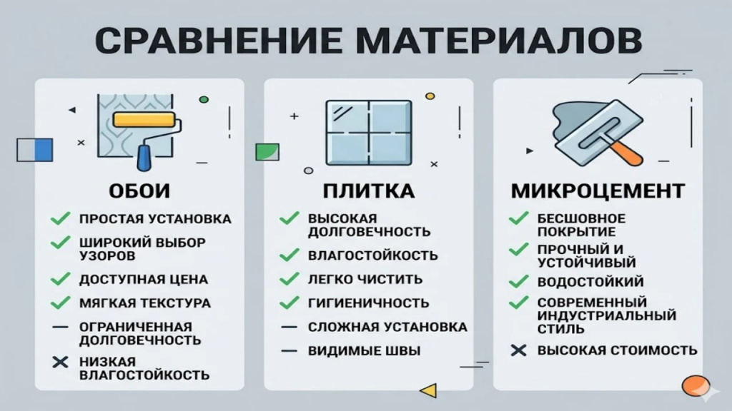 Сравнительная инфографика: обои, плитка и декоративная штукатурка