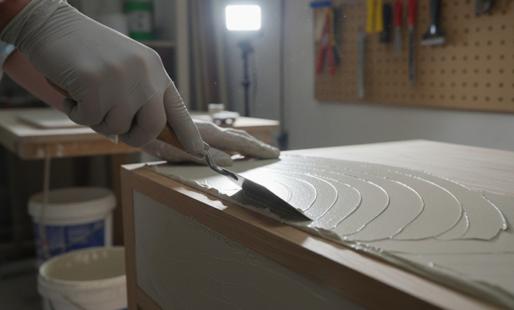 Процесс нанесения микроцемента на мебель кельмой