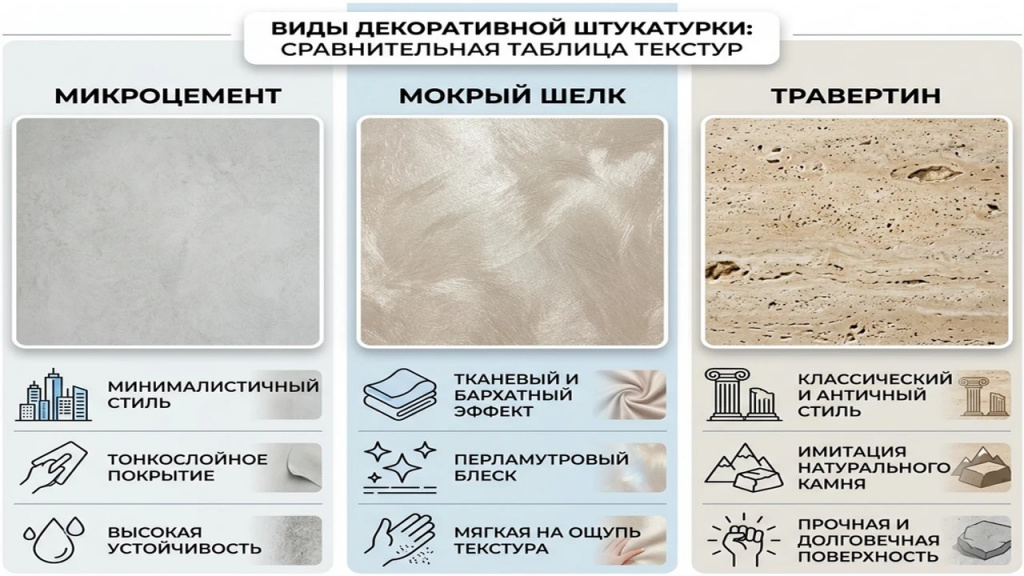 Сравнительная таблица популярных декоративных покрытий для интерьера.