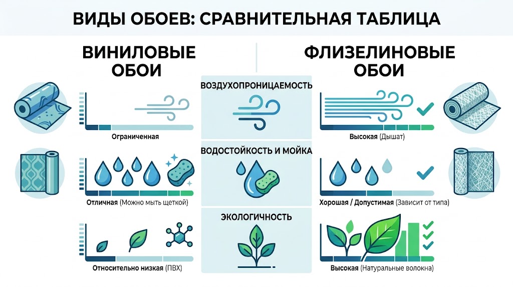 Инфографика сравнения характеристик флизелиновых и виниловых обоев