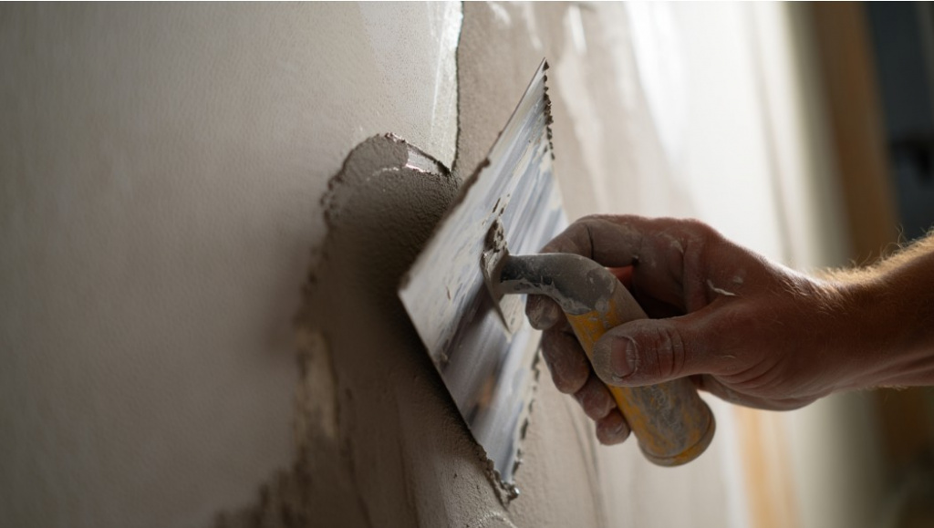 Мастер наносит венецианскую штукатурку.