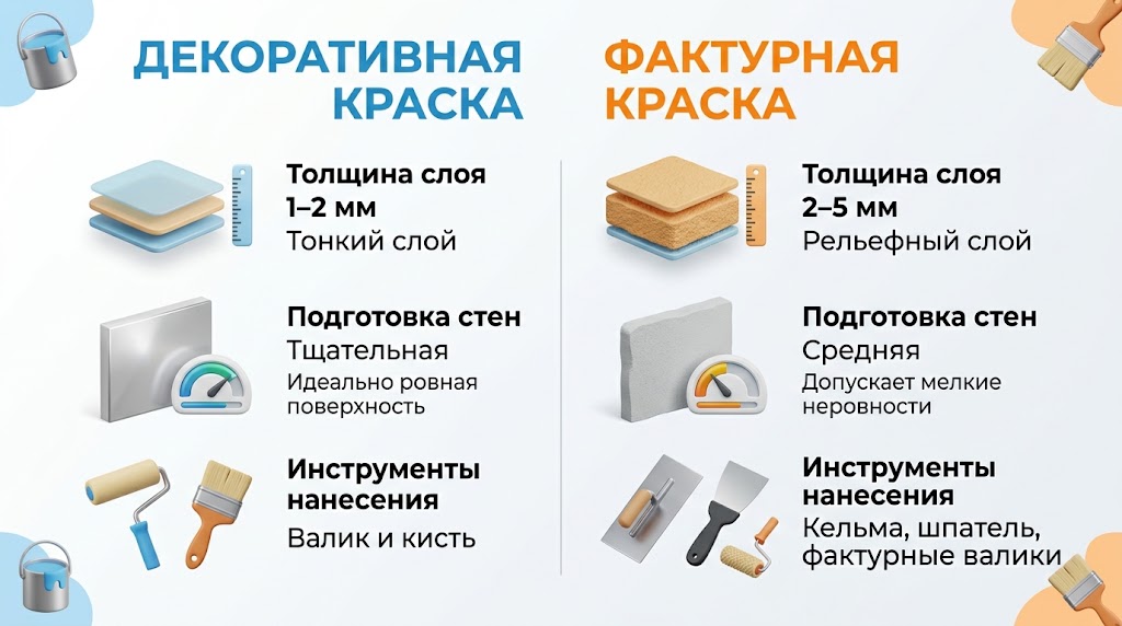 Инфографика сравнения характеристик декоративной и фактурной красок