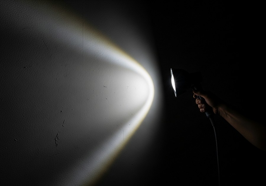 Шлифовка стен под декоративную штукатурку с проверкой качества с помощью лампы.