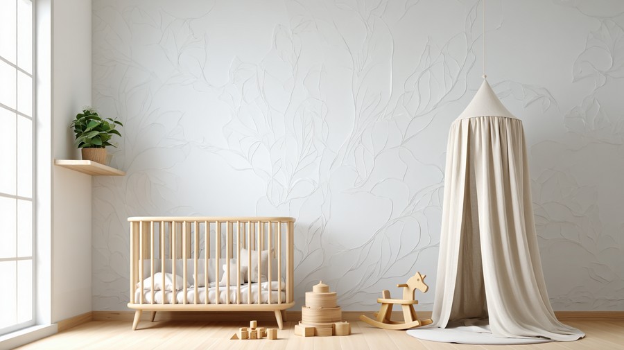 Светлая и уютная детская комната со стенами, покрытыми безопасной экологичной штукатуркой.