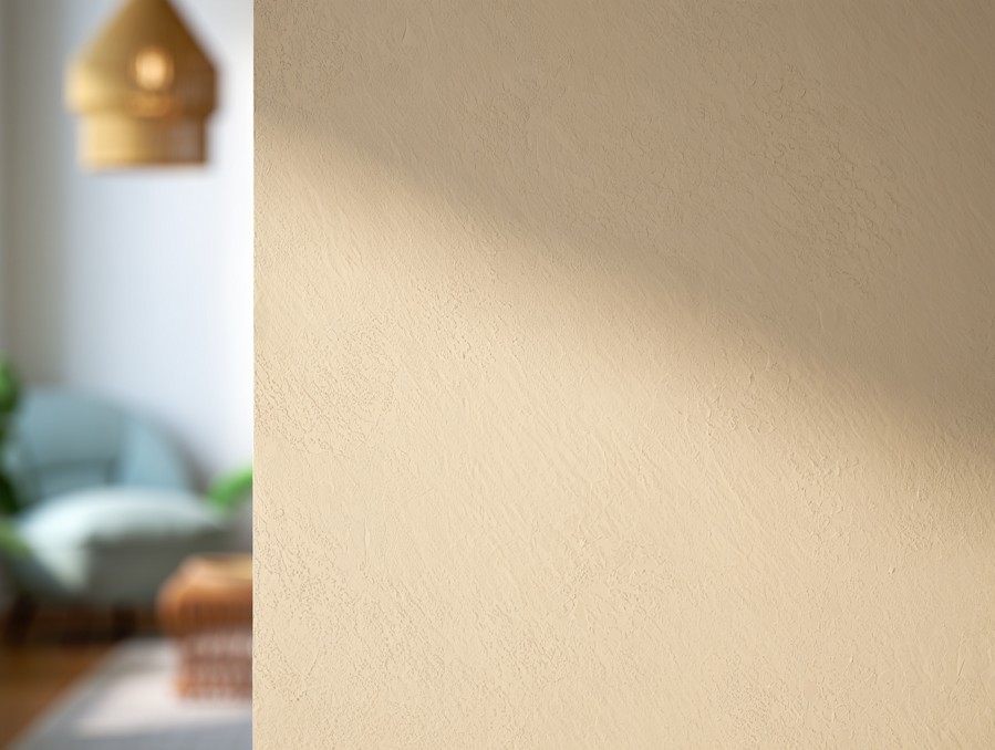 Макро-фотография текстуры экологичной декоративной штукатурки на стене, залитой солнечным светом.