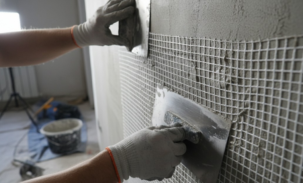 Армирование стен стеклохолстом под декоративную штукатурку
