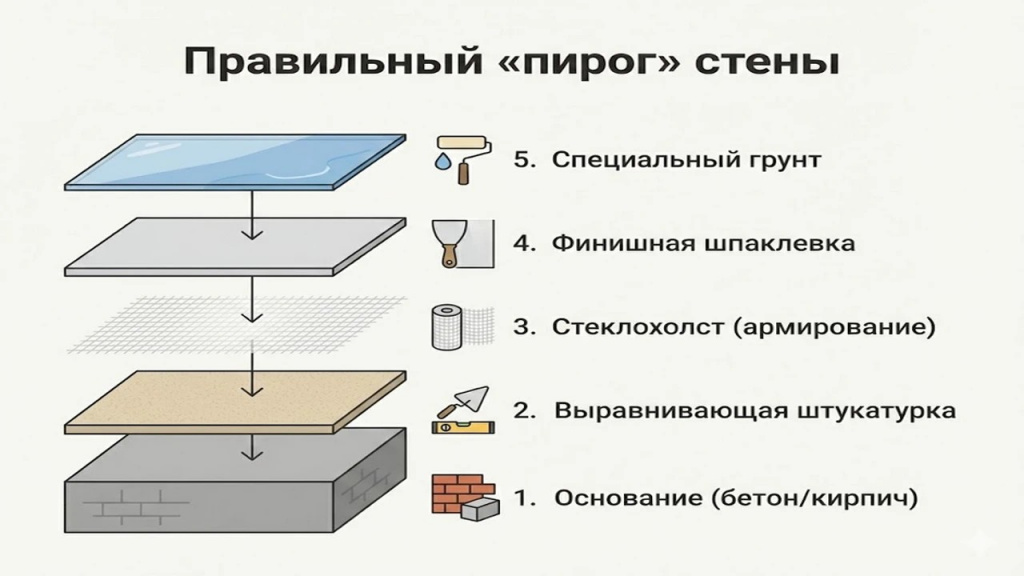 Слои правильной подготовки стены под отделку инфографика