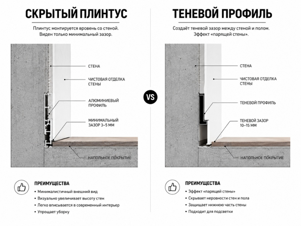 Инфографика: схема устройства теневого профиля и скрытого плинтуса
