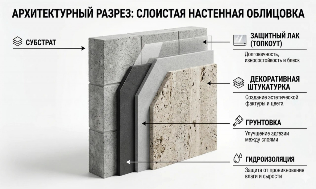 Инфографика слоев нанесения влагостойкой штукатурки: от гидроизоляции до лака.